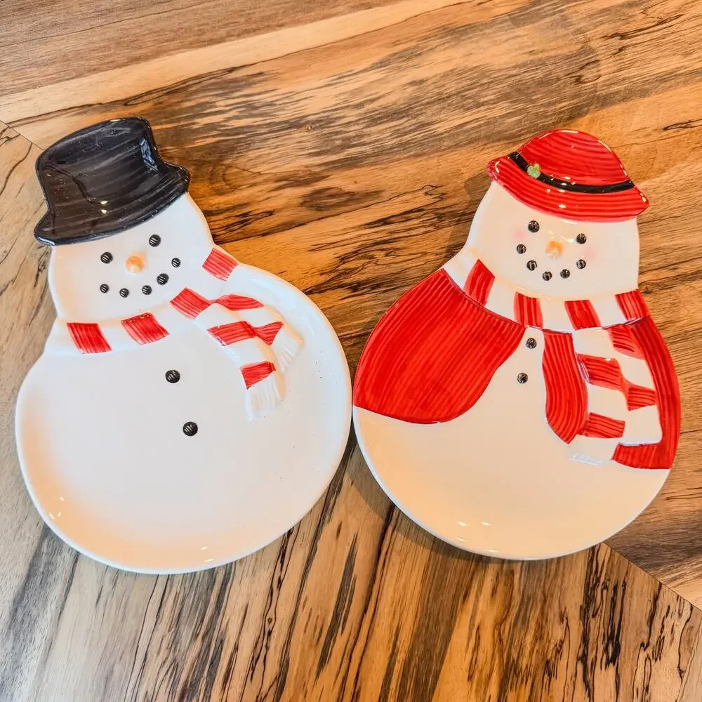 Classic Williams-Sonoma Mr and Mrs Snowman Ceramic Christmas Serving Trays-Qty 2